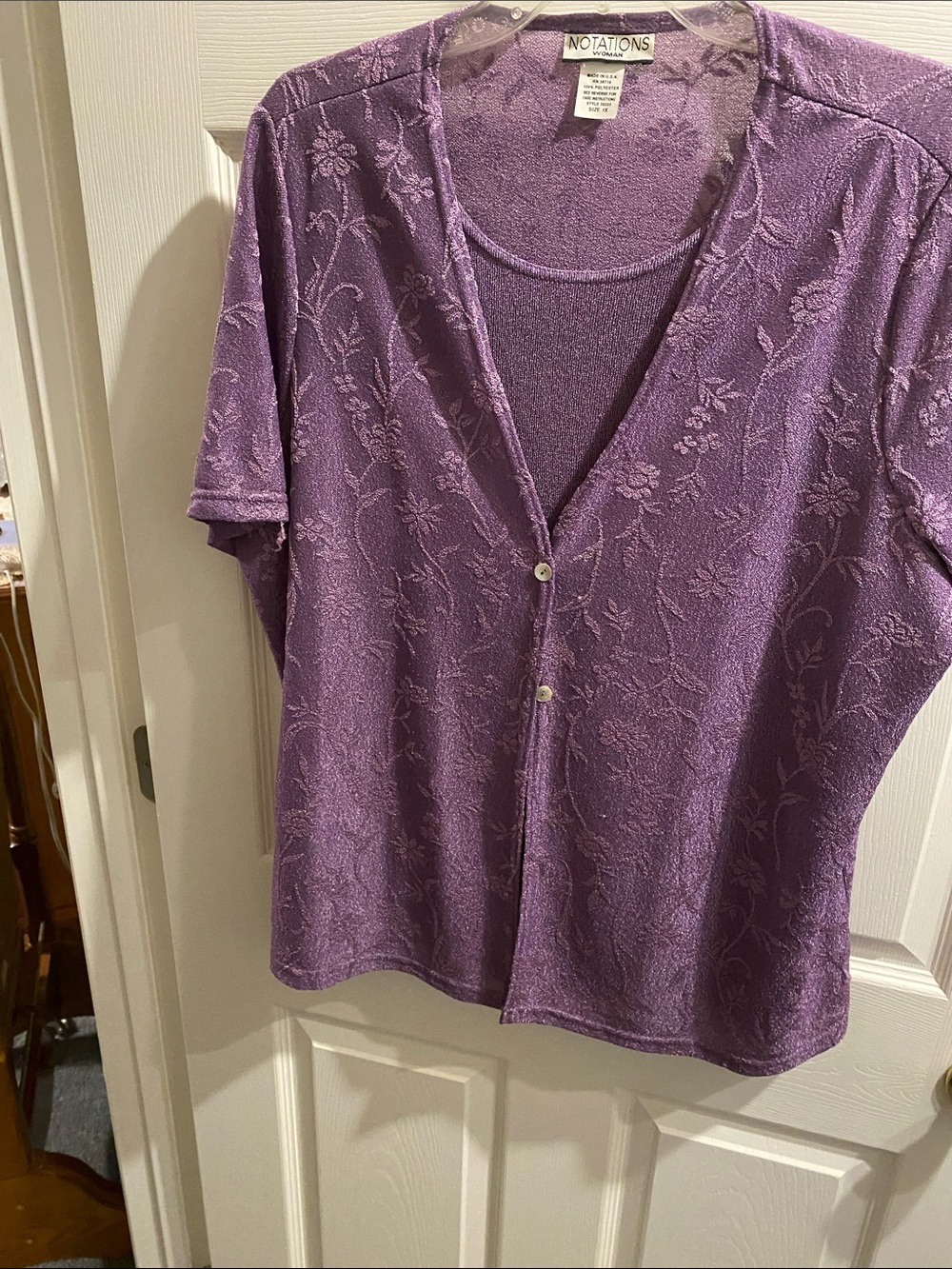 Notations Lavender Floral Jacquard Short Sleeve Button Front Top